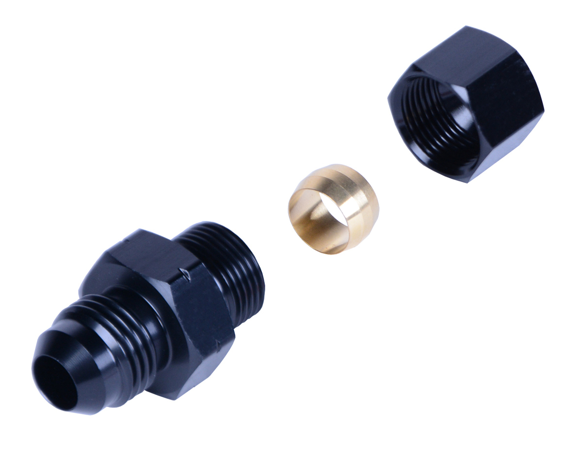 Derale 13045 Fitting, Adapter, Straight, 3/8 in Compression Fitting to 6 AN Male, Aluminum, Black Anodized, Each