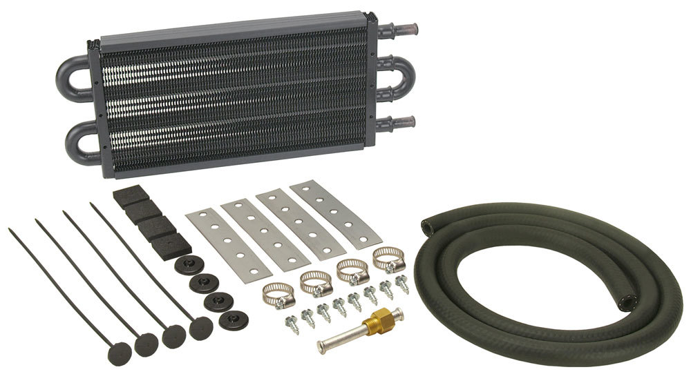 Derale 13101 Fluid Cooler, 12.750 x 5.125 x 0.750 in, Tube Type, 11/32 in Hose Barb Inlet / Outlet, Fitting / Hardware / Hose, Aluminum / Copper, Black Powder Coat, Automatic Transmission, Kit