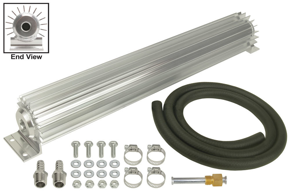 Fluid Cooler - 20.25 x 2.188 x 3.25 in - Heat Sink - 3/8 in NPT Female Inlet / Outlet - 3/8 in Hose Barb Adapters - Fitting / Hardware / Hose - Aluminum - Natural - Automatic Transmission - Kit