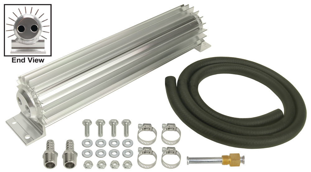 Fluid Cooler - 14.25 x 2.188 x 3.25 in - Heat Sink - 1/4 in NPT Female Inlet / Outlet - 3/8 in Hose Barb Adapters - Fitting / Hardware / Hose - Aluminum - Natural - Automatic Transmission - Kit