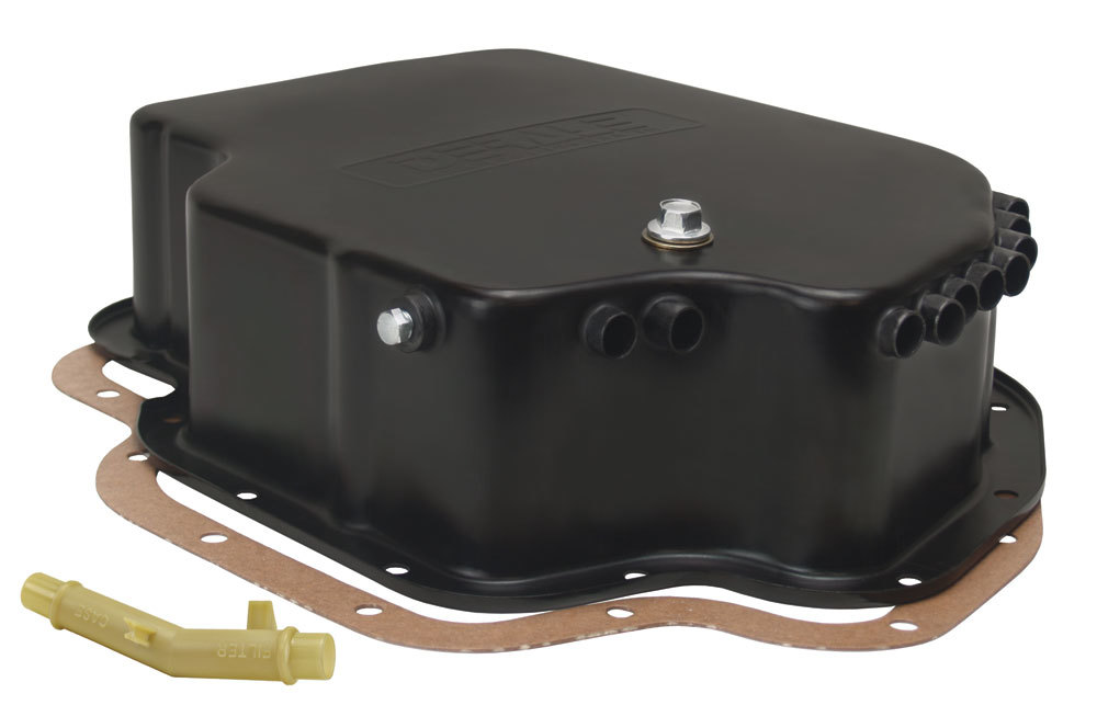 Derale 14202 Transmission Pan, Cooling, 4 in Deep, Adds 3.25 qt Capacity, Steel, Black Paint, TH400, Each