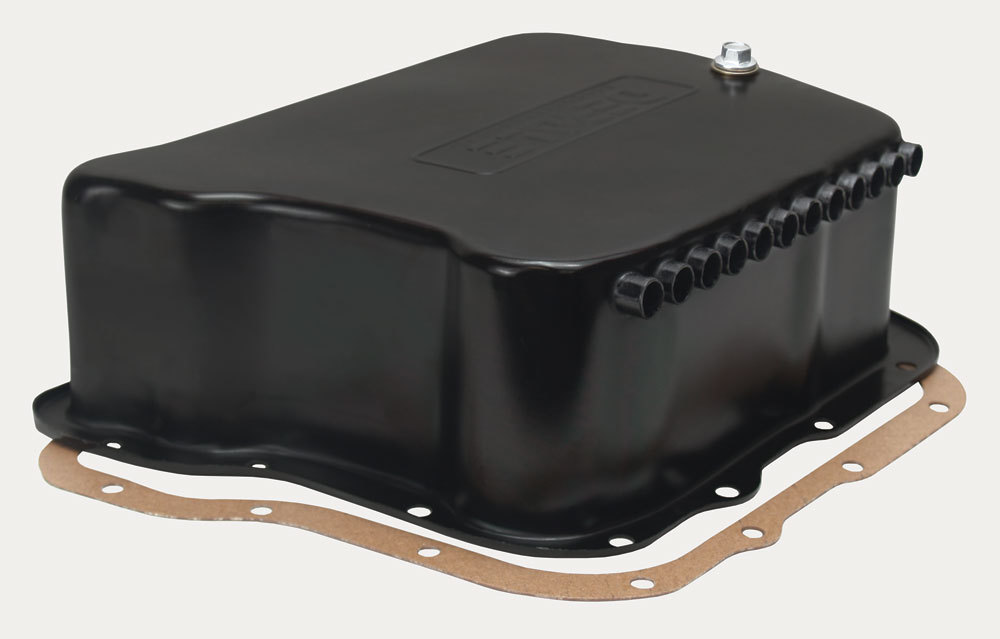Derale 14210 Transmission Pan, Cooling, 4 in Deep, Adds 5.5 qt Capacity, Steel, Black Paint, Torqueflite 727 / 904 / A518 / A618, Each