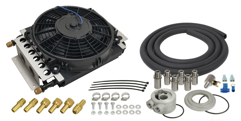 Derale 15500 Fluid Cooler and Fan, 11 x 5.750 x 0.875 in, Tube Type, 8 AN Male Inlet / Outlet, Adapter / Fittings / Hardware / Hose, Aluminum, Black Powder Coat, Automatic Transmission, Kit