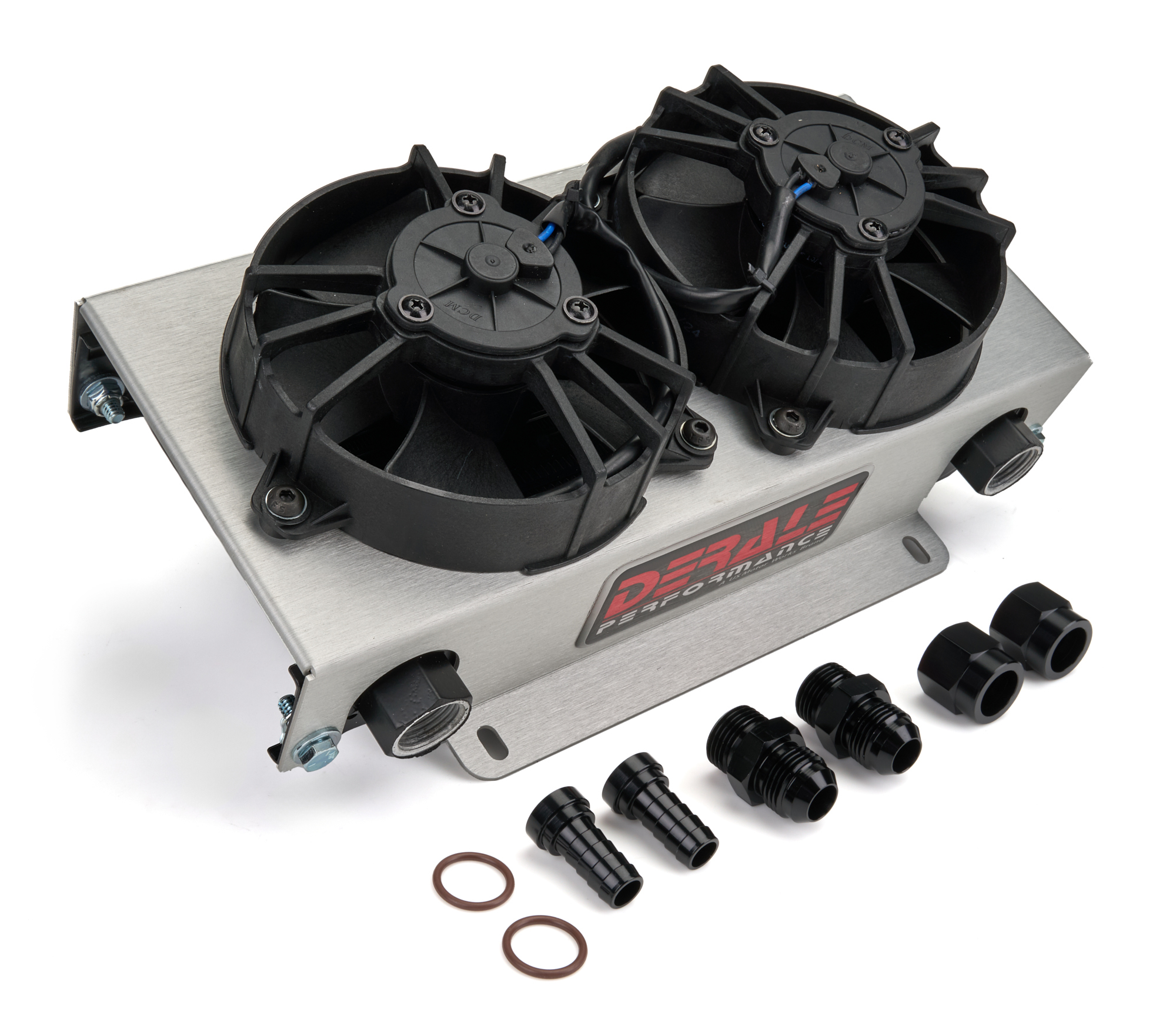 Fluid Cooler And Fan - Hyper-cool - 13 X 7.563 X 4.875 IN - Plate Type - 10 AN Female Inlet / Outlet - 10 AN Male Adapters - Fittings - Aluminum - Black Powder Coat - Universal - Kit