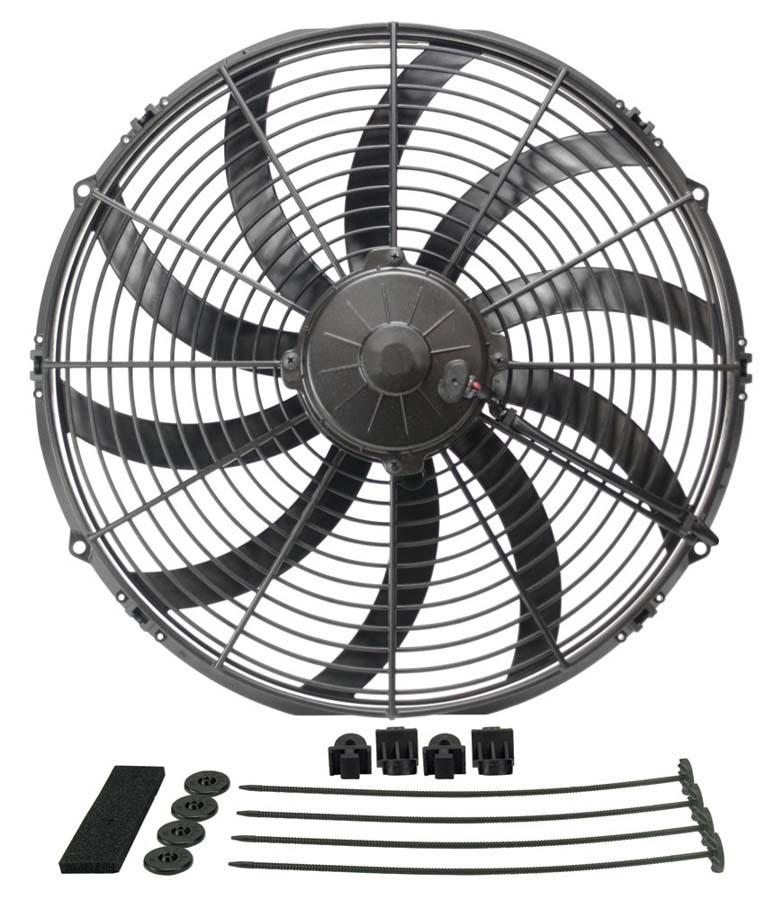 Electric Cooling Fan - High Output - 16 in Fan - Puller - 2024 CFM - 12V - Curved Blade - 16-1/4 x 15-5/8 in - 3-1/2 in Thick - Install Kit - Plastic - Kit