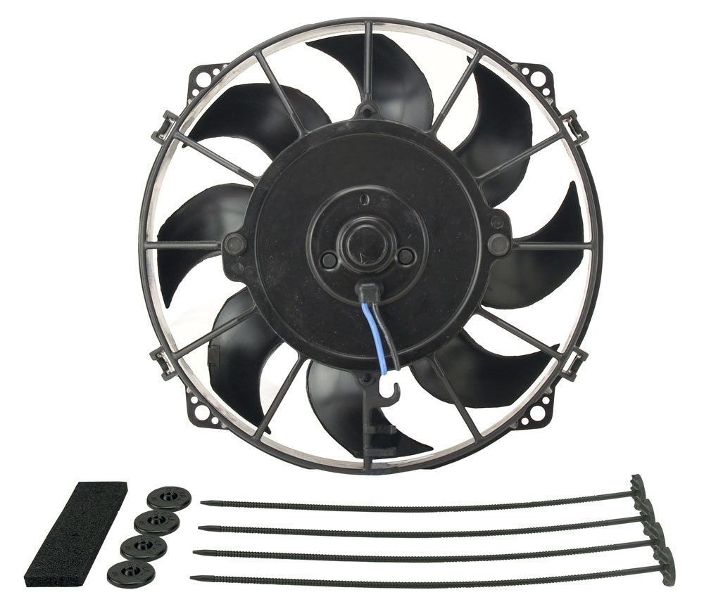 Electric Cooling Fan - Tornado - 8 in Fan - Push / Pull - 500 CFM - 12V - Curved Blade - 8 x 8-1/4 in - 2-3/8 in Thick - Install Kit - Plastic - Kit