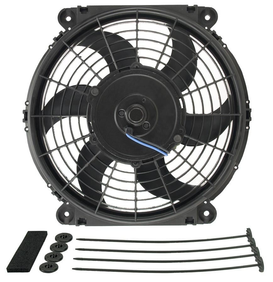 Electric Cooling Fan - Tornado - 10 in Fan - Push / Pull - 650 CFM - 12V - Curved Blade - 10-5/8 x 11-1/4 in - 2-1/2 in Thick - Install Kit - Plastic - Kit