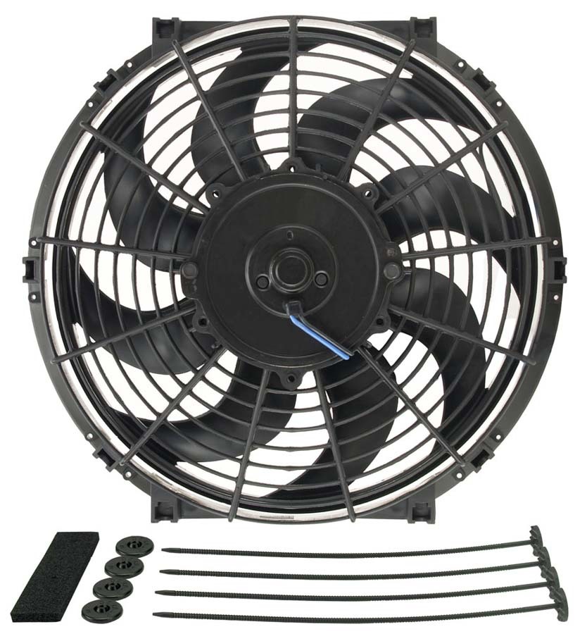 Electric Cooling Fan - Tornado - 12 in Fan - Push / Pull - 880 CFM - 12V - Curved Blade - 11-1/2 x 12-1/2 in - 2-1/2 in Thick - Install Kit - Plastic - Kit