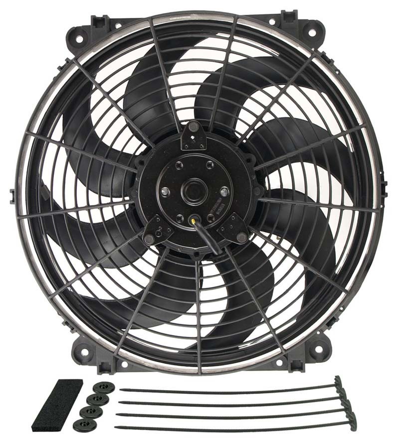 Electric Cooling Fan - Tornado - 14 in Fan - Push / Pull - 1350 CFM - 12V - Curved Blade - 14 x 14-1/2 in - 3-1/4 in Thick - Install Kit - Plastic - Kit