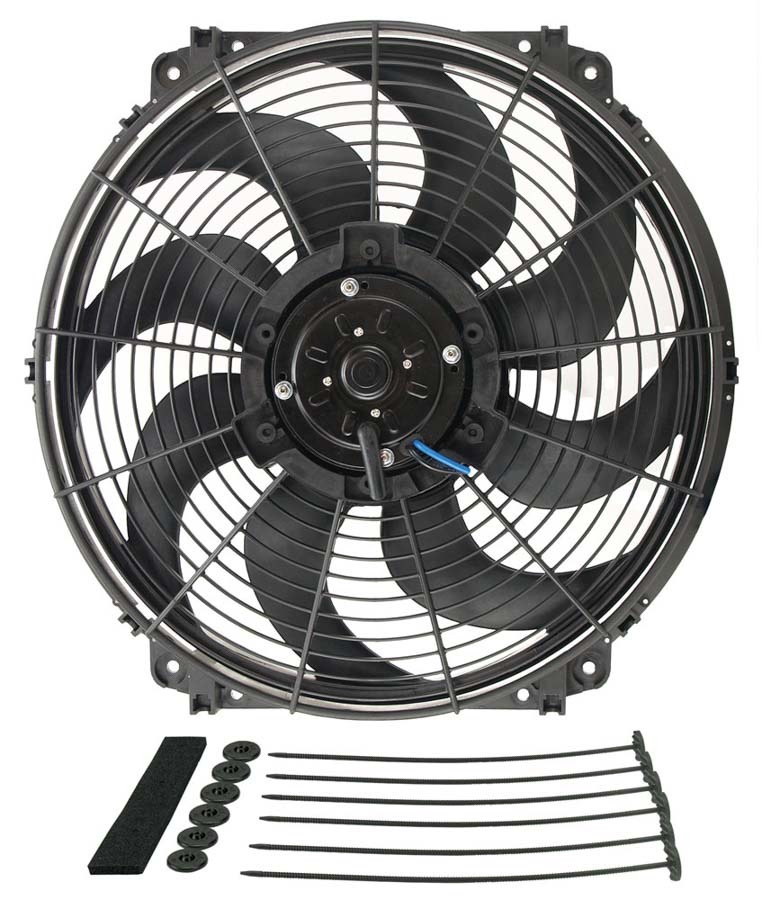 Electric Cooling Fan - Tornado - 16 in Fan - Push / Pull - 2175 CFM - 12V - Curved Blade - 15-3/4 x 16-3/4 in - 4-1/8 in Thick - Install Kit - Plastic - Kit