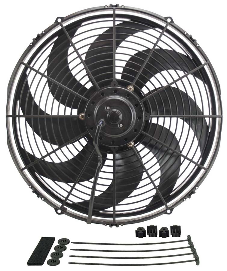 Electric Cooling Fan - DyN Cool - 16 in Fan - Push / Pull - 1980 CFM - 12V - Curve Blade - 16-1/2 x 15-5/8 in - 3-5/8 in - Install Kit - Plastic - Kit