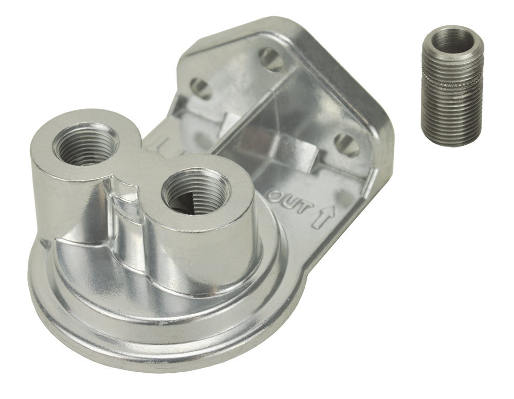 Derale 25044 Oil Filter Mount, Ports Up, 1/4 in NPT Female Ports, 3/4-16 in Center Thread, Aluminum, Polished, Universal, Each