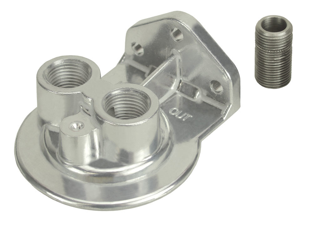 Derale 25708 Oil Filter Mount, Ports Up, 1/2 in NPT Female Ports, 3/4-16 in Center Thread, Aluminum, Polished, Universal, Each