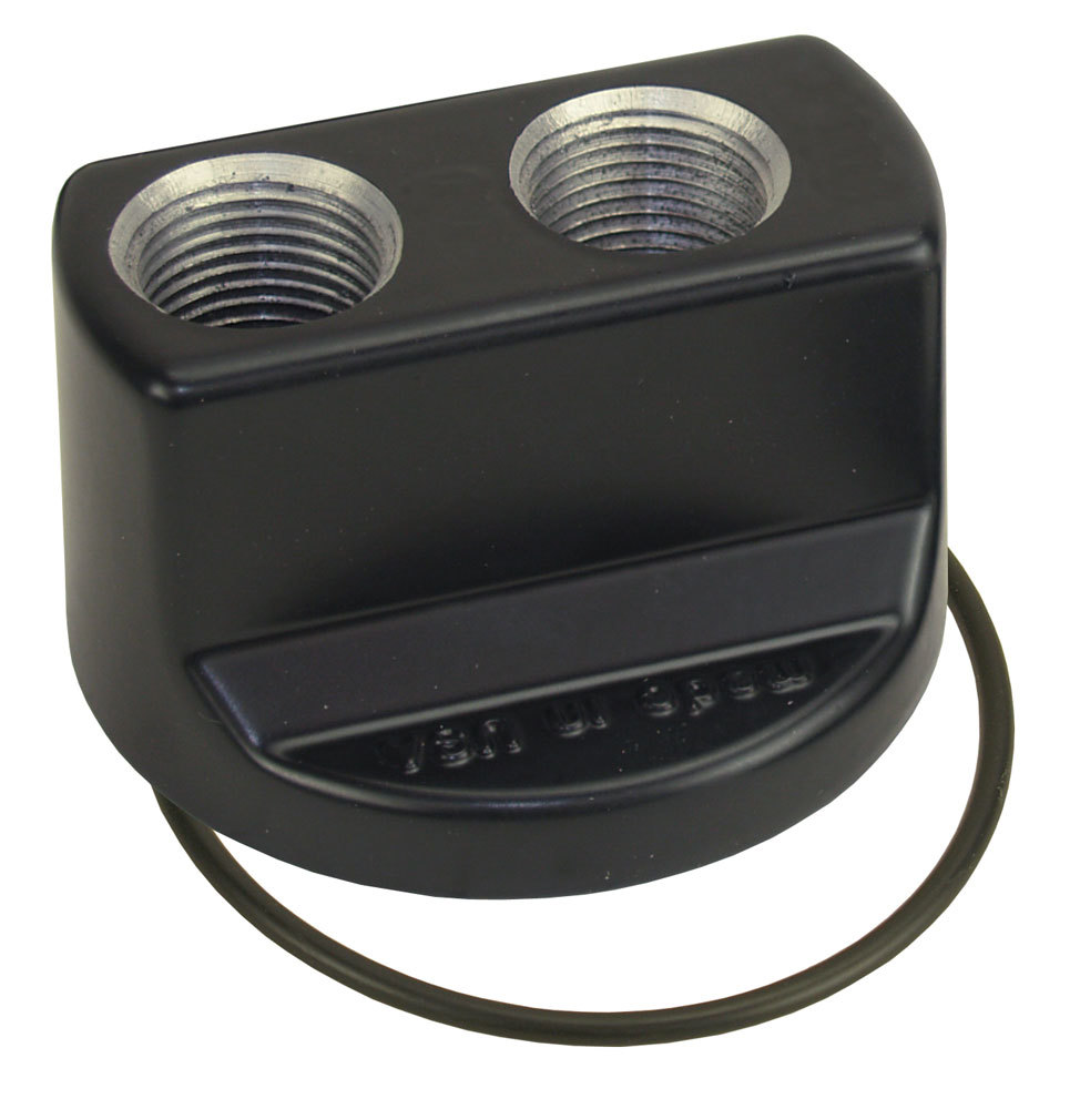 Oil Filter Adapter - Bypass - Block Mount - 22 x 1.5 mm Center Thread - 10 AN O-Ring Inlet - 10 AN O-Ring Outlet - Aluminum - Black Powder Coat - Each