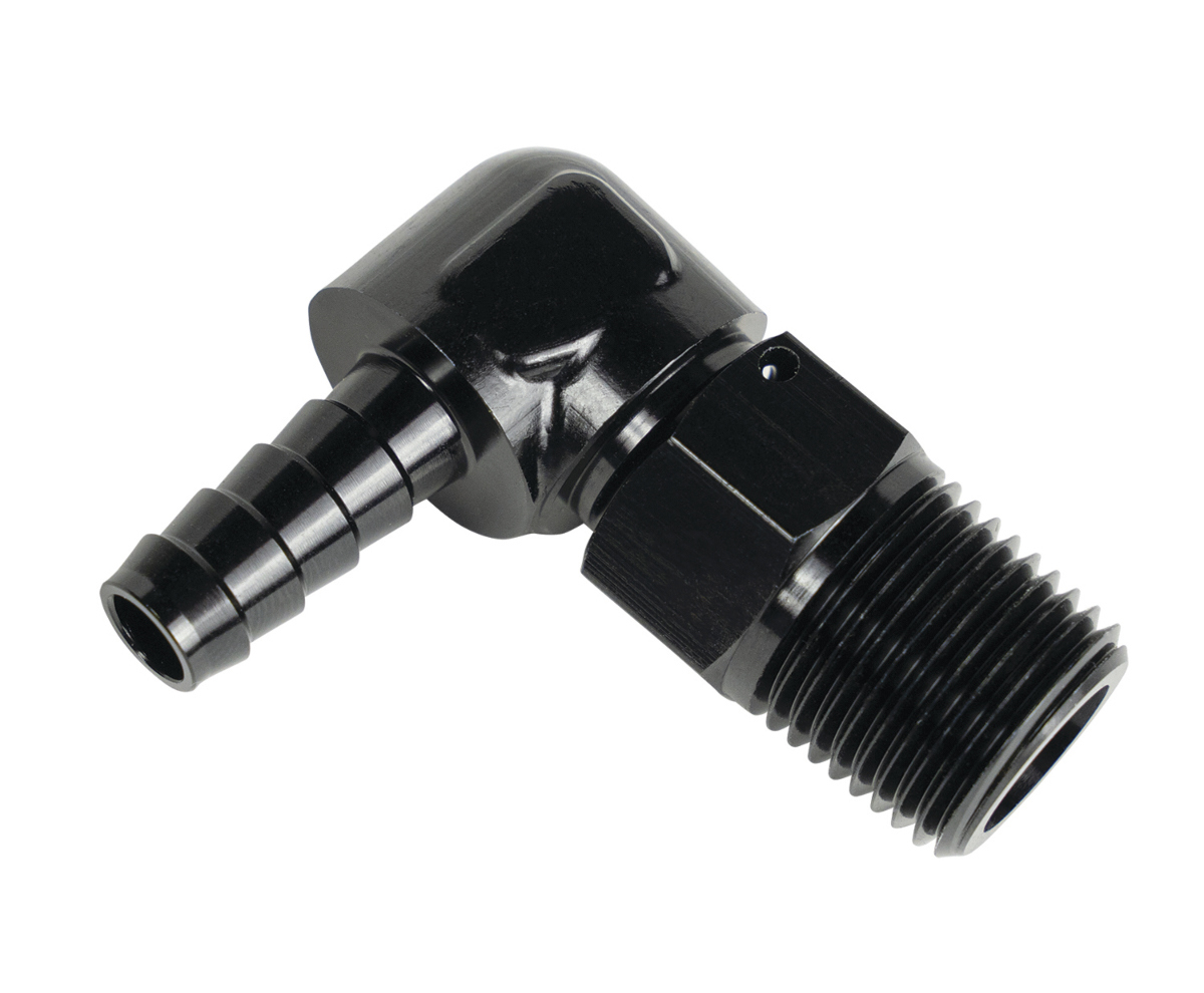 Derale 59406 Fitting, Adapter, 90 Degree, 7/8-14 in NPT Male to 3/8 in Hose Barb, Aluminum, Black Anodized, Each