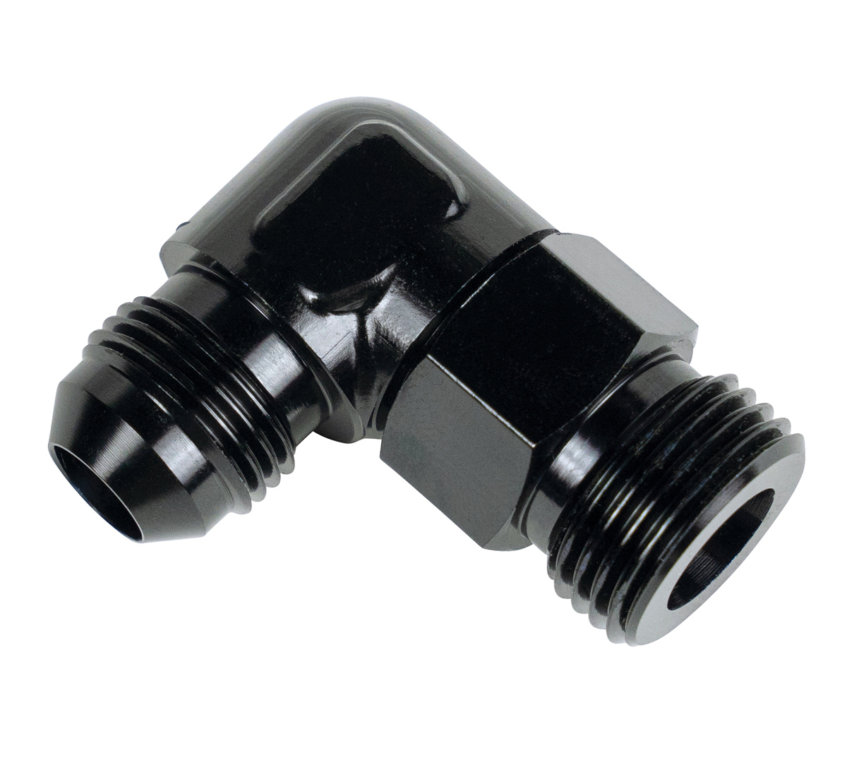 Derale 59506 Fitting, Adapter, 90 Degree, 7/8-14 in NPT Male to 6 AN Male O-Ring, Aluminum, Black Anodized, Each