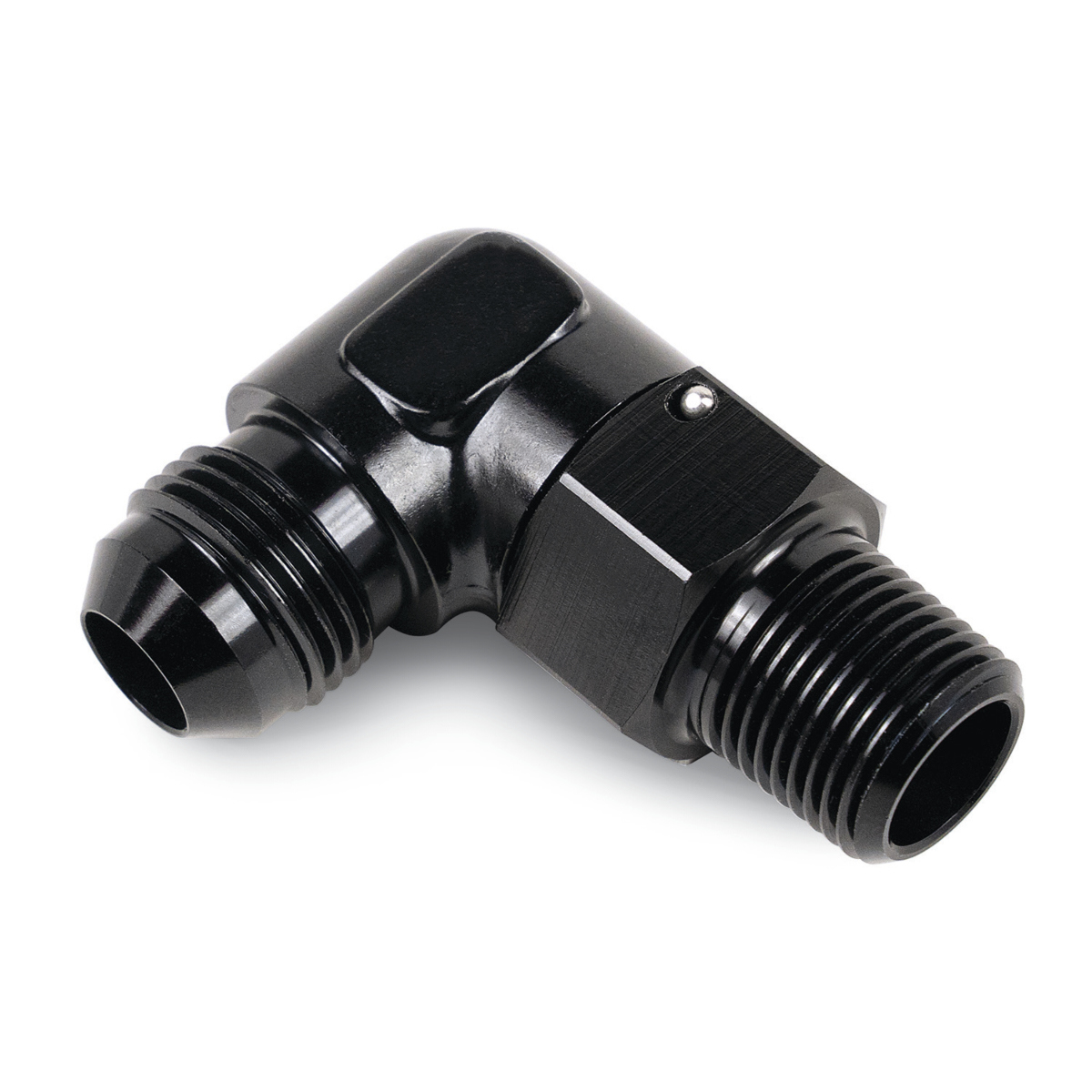 Derale 59606 Fitting, Adapter, 90 Degree, 3/8 in NPT Male to 6 AN Male, Aluminum, Black Anodized, Each