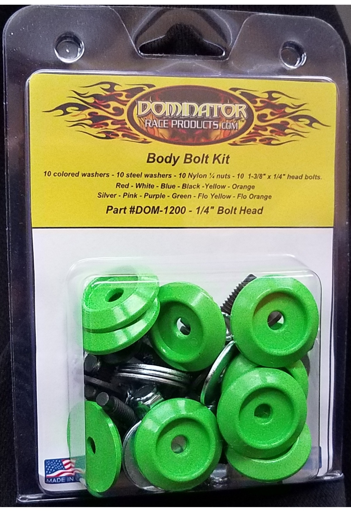 Countersunk Bolt Kit - 1/4-20 in Thread - 1.375 in Long - Hex Head - Countersunk Washers / Nuts - Plastic / Steel - Xtreme Green - Set of 10
