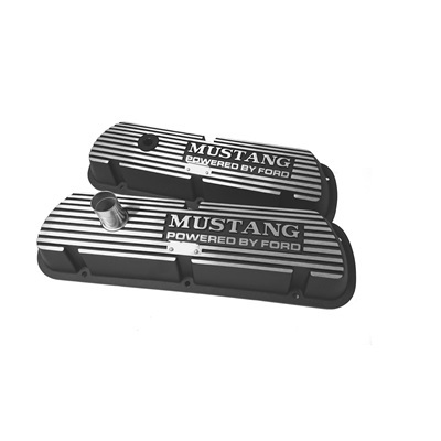 Scott Drake C5ZZ-6A582-A-B Valve Cover, Classic, Stock Height, Aluminum, Black Powder Coat, Mustang Powered By Ford Text Logo, Ford Mustang 1964-72, Pair