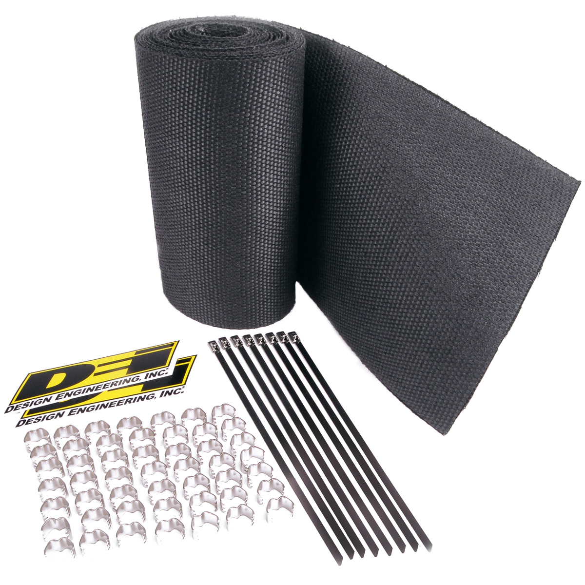 Design Engineering 10084 Exhaust Wrap, Speed Sleeves, 8 in Wide, 12 ft Roll, Chrome Clips / Locking Ties Included, Woven Fiberglass, Black, Pair