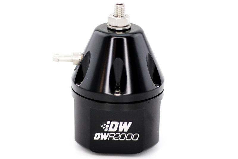 Deatschwerks 6-2000-FRB Fuel Pressure Regulator, 30 to 100 psi, In-Line, 10 AN Inlets, 8 AN Outlet, 3/16 in Vacuum Line, 1/8 in NPT Port, Aluminum, Black Anodized, Each