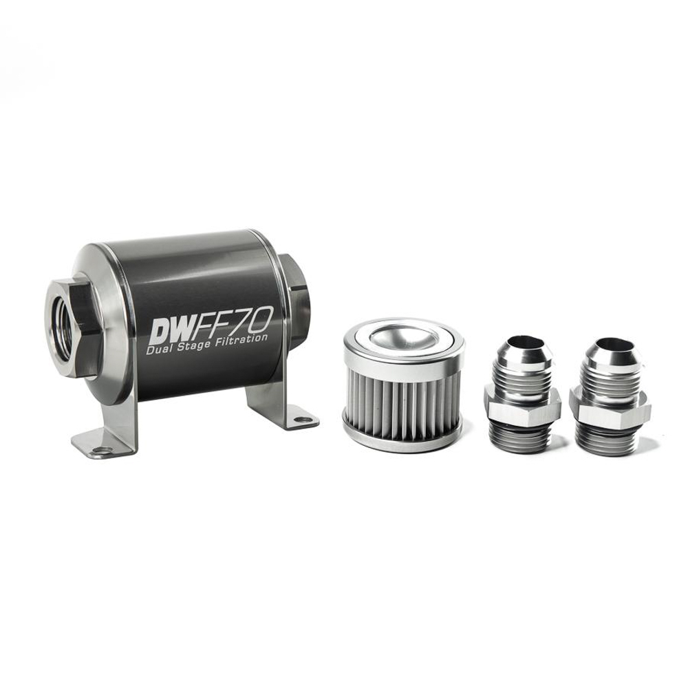 Deatschwerks 8-03-070-010K-10 Fuel Filter, In-Line, 10 Micron, Stainless Element, 10 AN Male Inlet, 10 AN Male Outlet, 70 mm Long, Aluminum, Titanium Anodized, Each