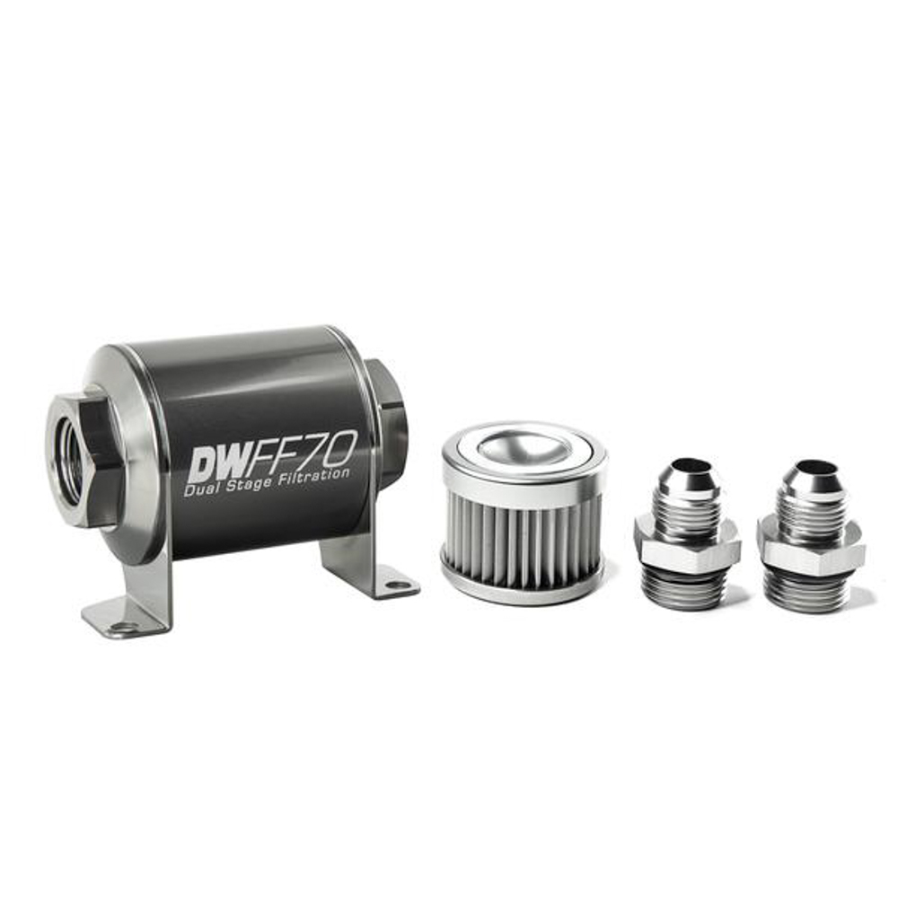 Deatschwerks 8-03-070-010K-8 Fuel Filter, In-Line, 10 Micron, Stainless Element, 8 AN Male Inlet, 8 AN Male Outlet, 70 mm Long, Aluminum, Titanium Anodized, Each