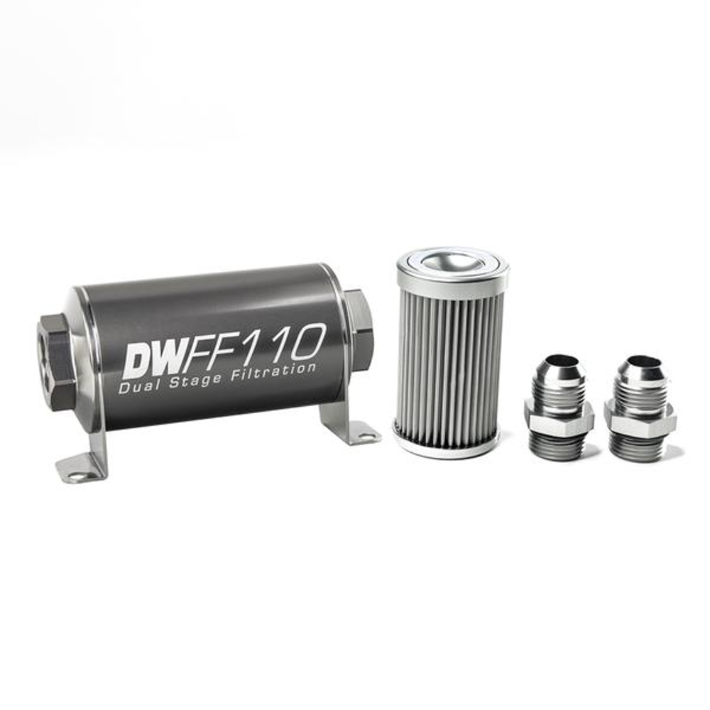 Deatschwerks 8-03-110-010K-10 Fuel Filter, In-Line, 10 Micron, Stainless Element, 10 AN Male Inlet, 10 AN Male Outlet, 110 mm Long, Aluminum, Titanium Anodized, Each