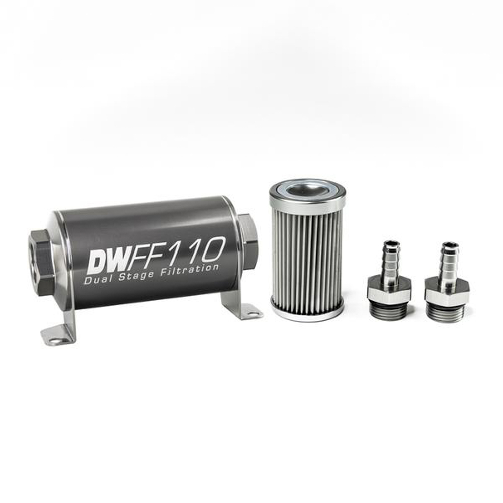 Deatschwerks 8-03-110-010K-38 Fuel Filter, In-Line, 10 Micron, Stainless Element, 3/8 in Male Hose Barb Inlet, 3/8 in Male Hose Barb Outlet, 110 mm Long, Aluminum, Titanium Anodized, Each
