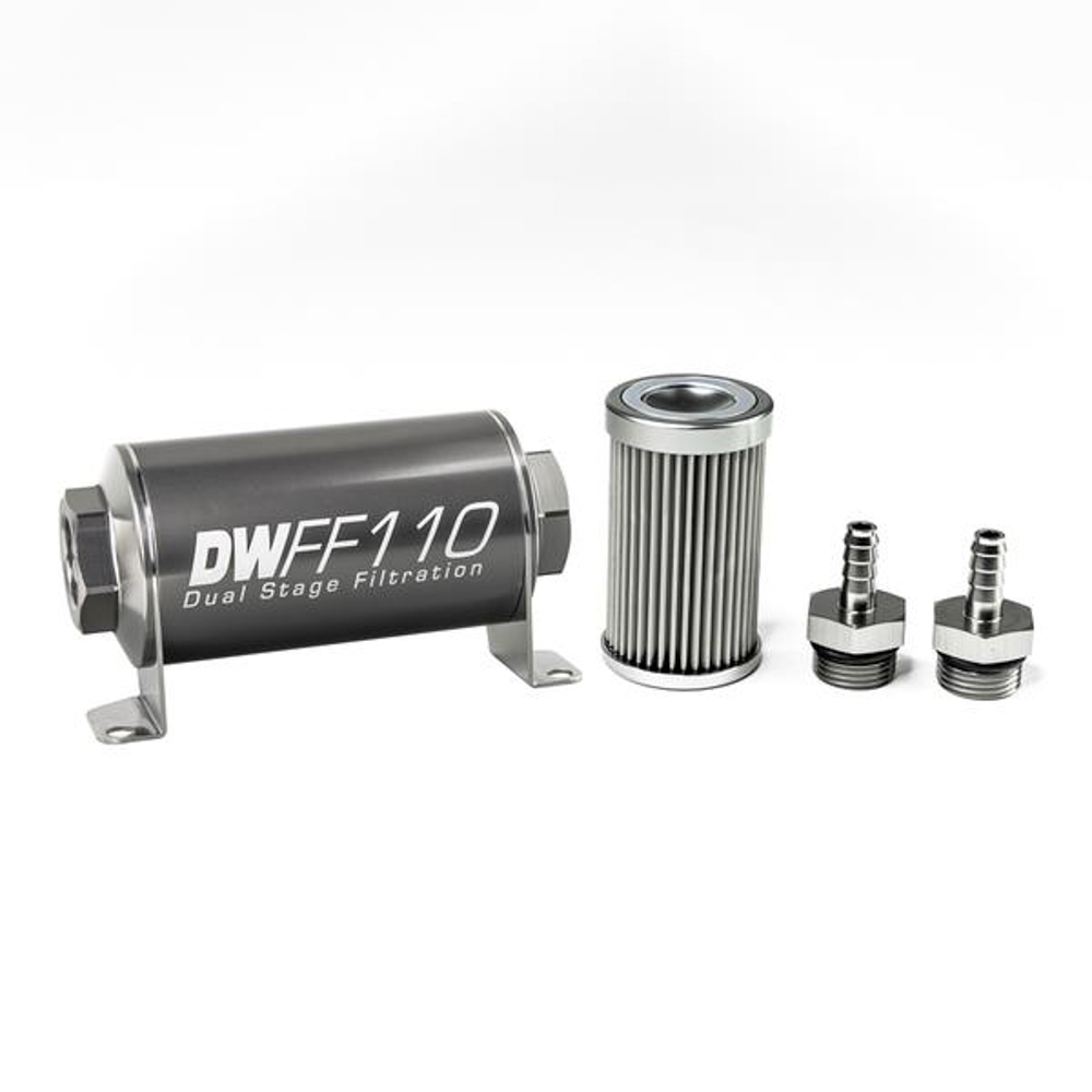 Deatschwerks 8-03-110-010K-516 Fuel Filter, In-Line, 10 Micron, Stainless Element, 5/16 in Male Hose Barb Inlet, 5/16 in Male Hose Barb Outlet, 110 mm Long, Aluminum, Titanium Anodized, Each