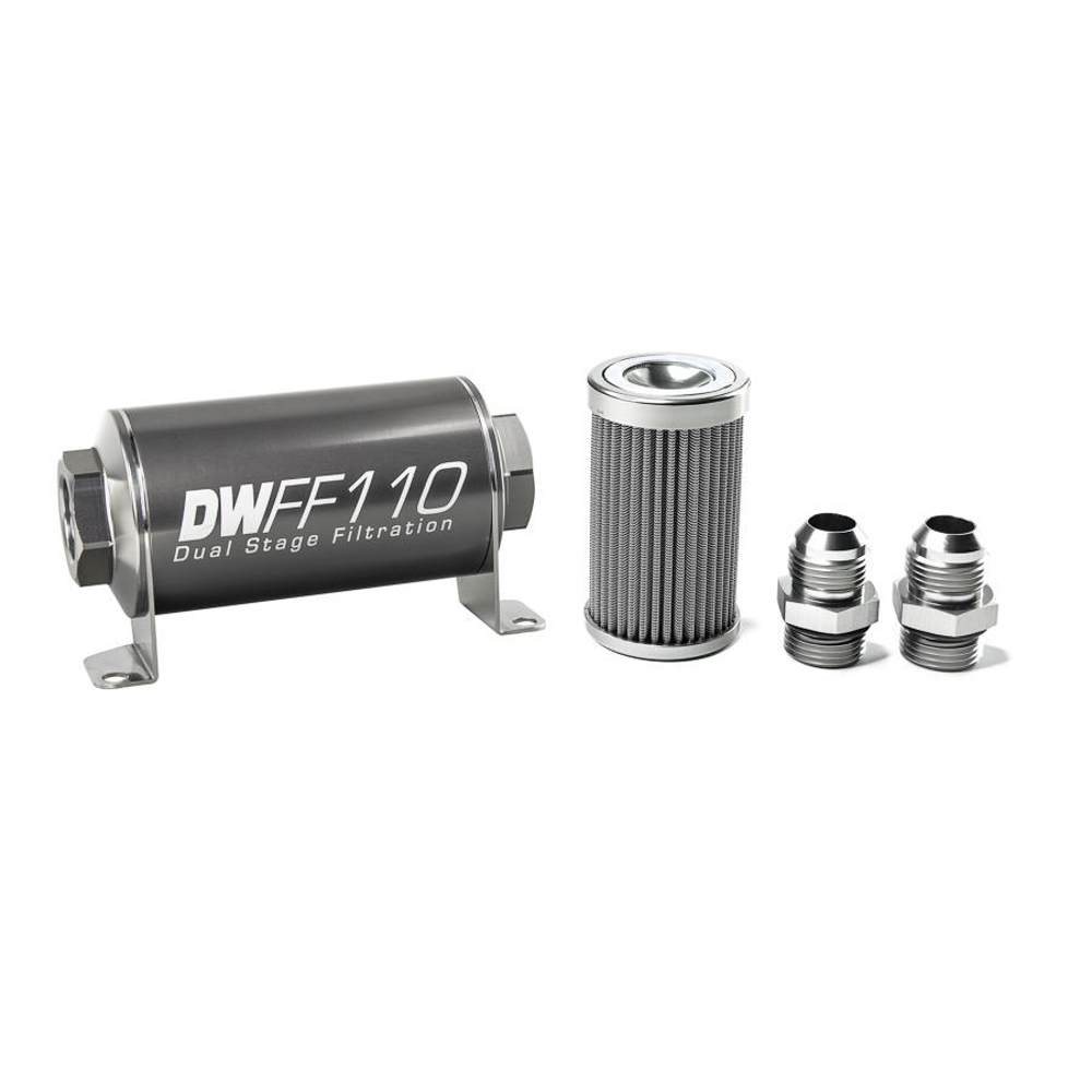 Deatschwerks 8-03-110-100K-10 Fuel Filter, In-Line, 100 Micron, Stainless Element, 10 AN Male Inlet, 10 AN Male Outlet, 110 mm Long, Aluminum, Titanium Anodized, Each