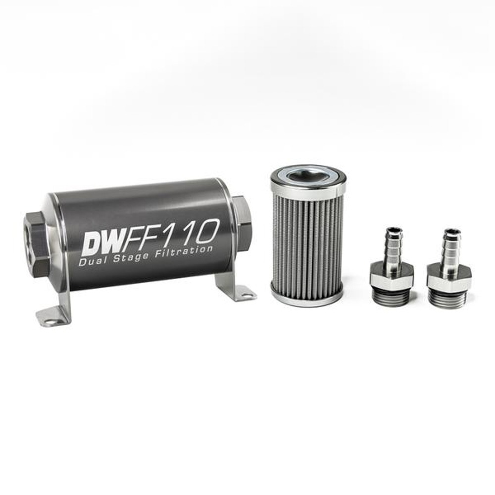 Deatschwerks 8-03-110-100K-38 Fuel Filter, In-Line, 100 Micron, Stainless Element, 3/8 in Male Hose Barb Inlet, 3/8 in Male Hose Barb Outlet, 110 mm Long, Aluminum, Titanium Anodized, Each
