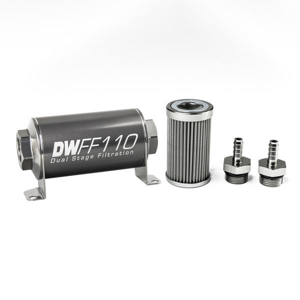 Deatschwerks 8-03-110-100K-516 Fuel Filter, In-Line, 100 Micron, Stainless Element, 5/16 in Male Hose Barb Inlet, 5/16 in Male Hose Barb Outlet, 110 mm Long, Aluminum, Titanium Anodized, Each