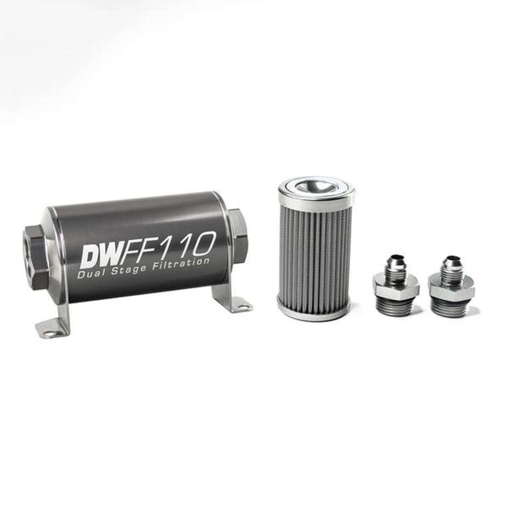 Deatschwerks 8-03-110-100K-6 Fuel Filter, In-Line, 100 Micron, Stainless Element, 6 AN Male Inlet, 6 AN Male Outlet, 110 mm Long, Aluminum, Titanium Anodized, Each