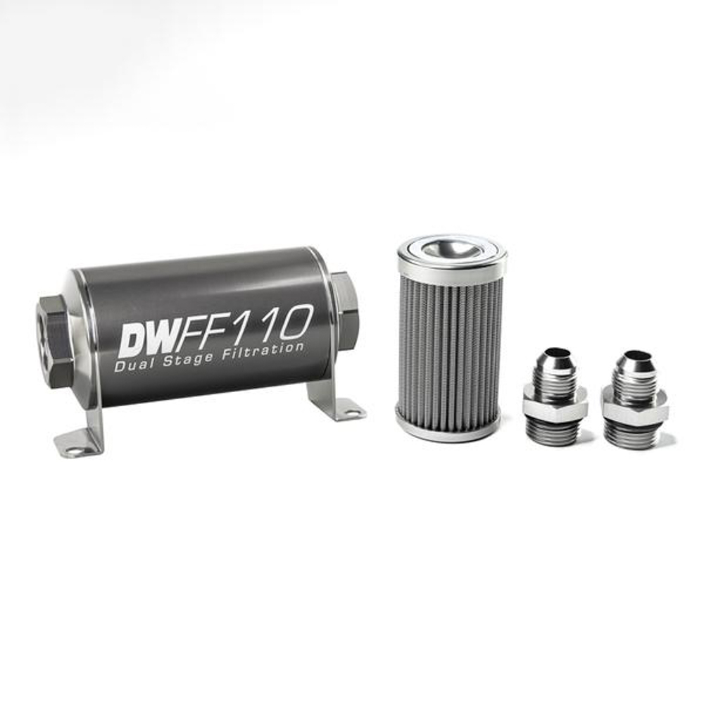 Deatschwerks 8-03-110-100K-8 Fuel Filter, In-Line, 100 Micron, Stainless Element, 8 AN Male Inlet, 8 AN Male Outlet, 110 mm Long, Aluminum, Titanium Anodized, Each