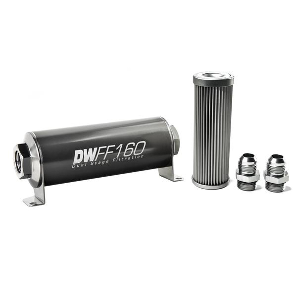 Deatschwerks 8-03-160-010K-10 Fuel Filter, In-Line, 10 Micron, Stainless Element, 10 AN Male Inlet, 10 AN Male Outlet, 160 mm Long, Aluminum, Titanium Anodized, Each