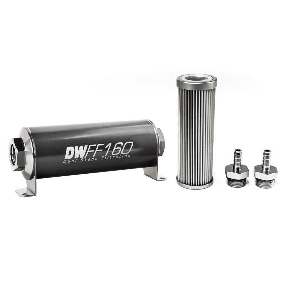 Deatschwerks 8-03-160-010K-516 Fuel Filter, In-Line, 10 Micron, Stainless Element, 5/16 in Male Hose Barb Inlet, 5/16 in Male Hose Barb Outlet, 160 mm Long, Aluminum, Titanium Anodized, Each