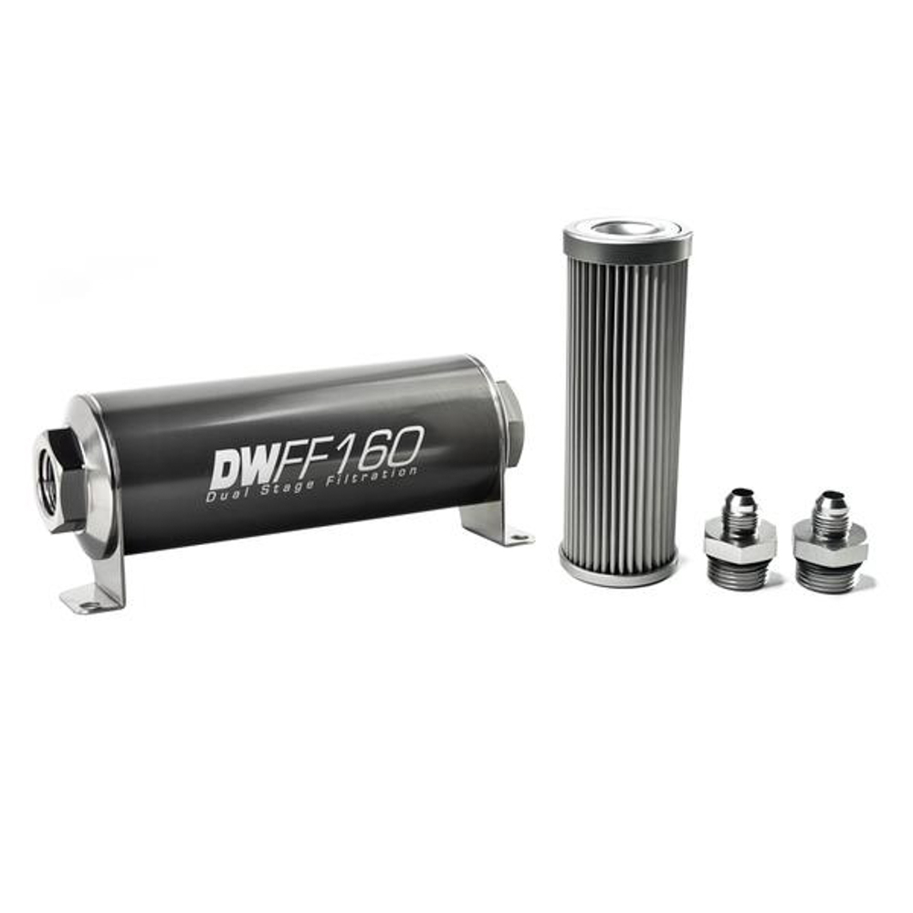 Deatschwerks 8-03-160-010K-6 Fuel Filter, In-Line, 10 Micron, Stainless Element, 6 AN Male Inlet, 6 AN Male Outlet, 160 mm Long, Aluminum, Titanium Anodized, Each