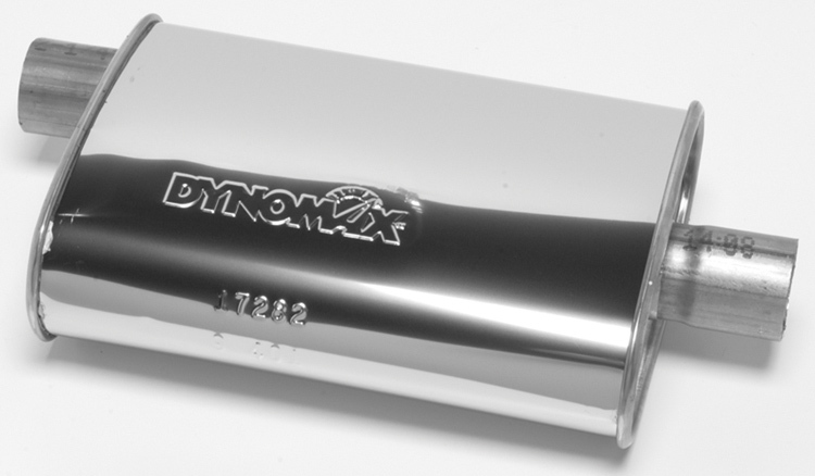 Dynomax 17283 Muffler, Ultra Flo, 2-1/2 in Offset Inlet, 2-1/2 in Center Outlet, 14 x 9-3/4 x 4-1/4 in Oval Body, 19 in Long, Stainless, Polished, Universal, Each