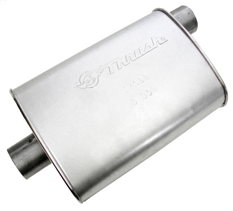 Dynomax 17633 Muffler, Hush Super Turbo, 2-1/2 in Offset Inlet, 2-1/2 in Center Outlet, 14 x 9-3/4 x 4-1/4 in Oval, 18-1/2 in Long, Steel, Natural, Universal, Each