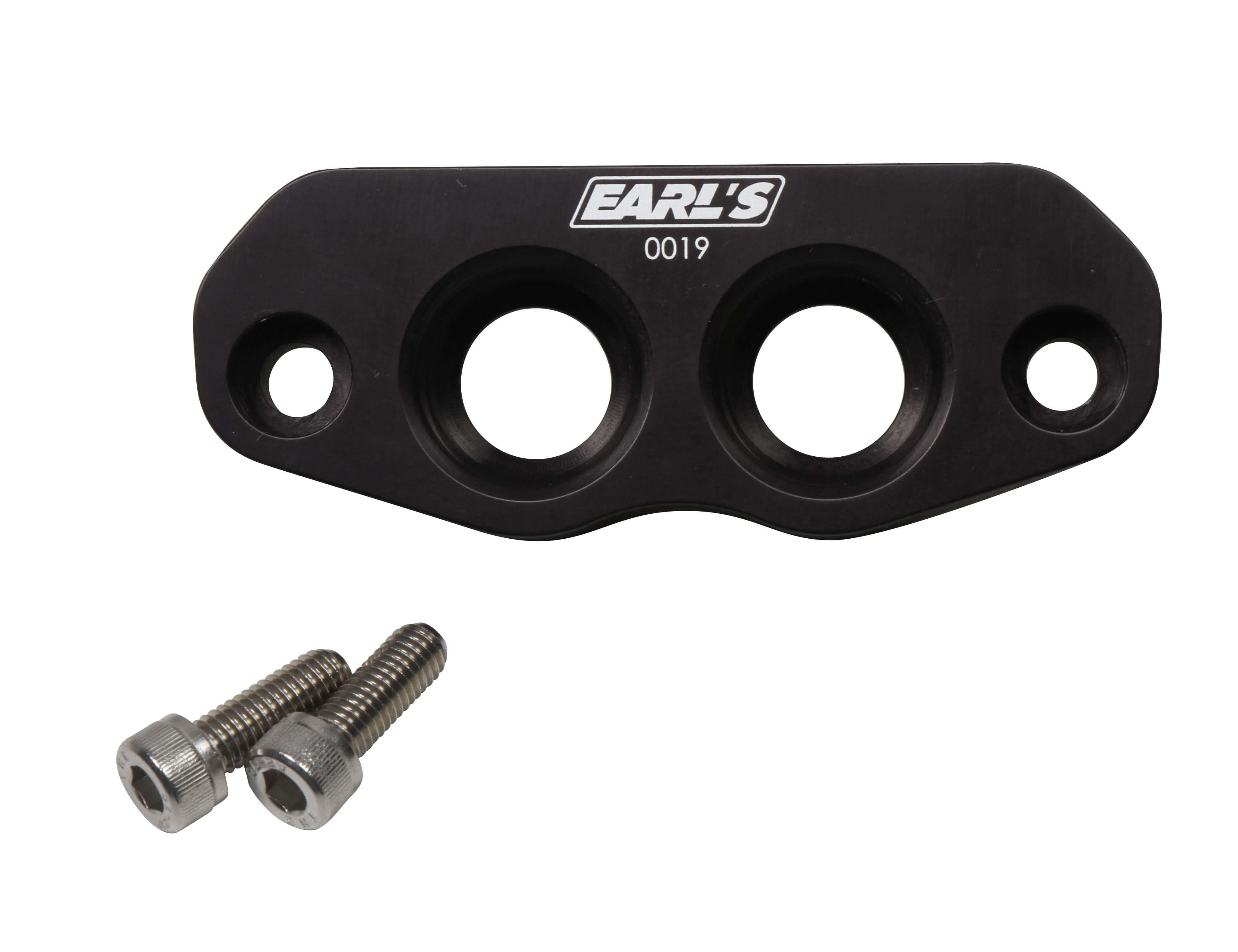 Earls 0019ERL Dry Sump Adapter, Two 12 AN Ports, Aluminum, Black Anodized, GM LS-Series, Each
