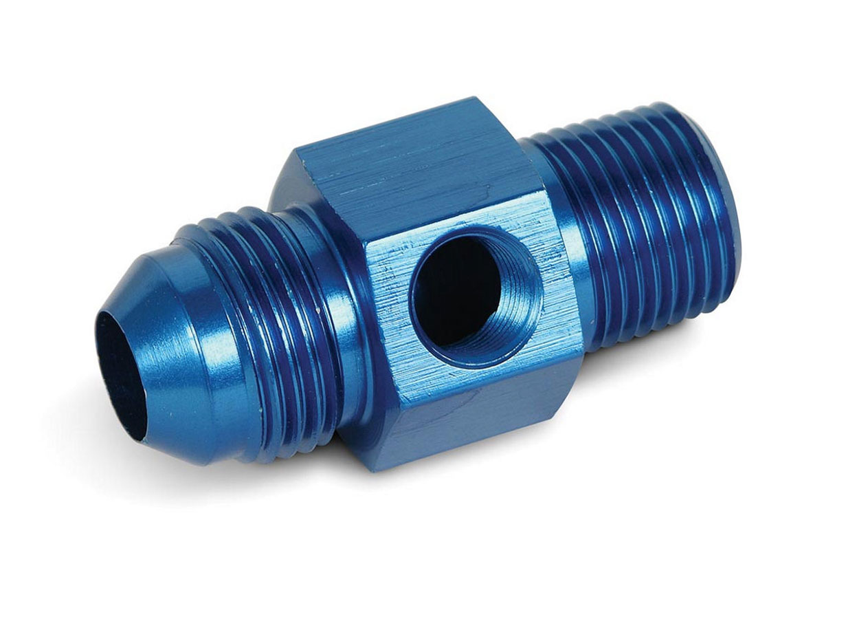 Earls 100198ERL Fitting, Gauge Adapter, Straight, 8 AN Male to 3/8 in NPT Male, 1/8 in NPT Gauge Port, Aluminum, Blue Anodized, Each