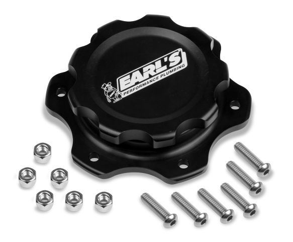 Earls 166016ERL Fuel Filler Cap Assembly, Screw-In, Vented, Raised Cell Mount, Aluminum, Black Anodized, 6-Bolt Fuel Cells, Kit