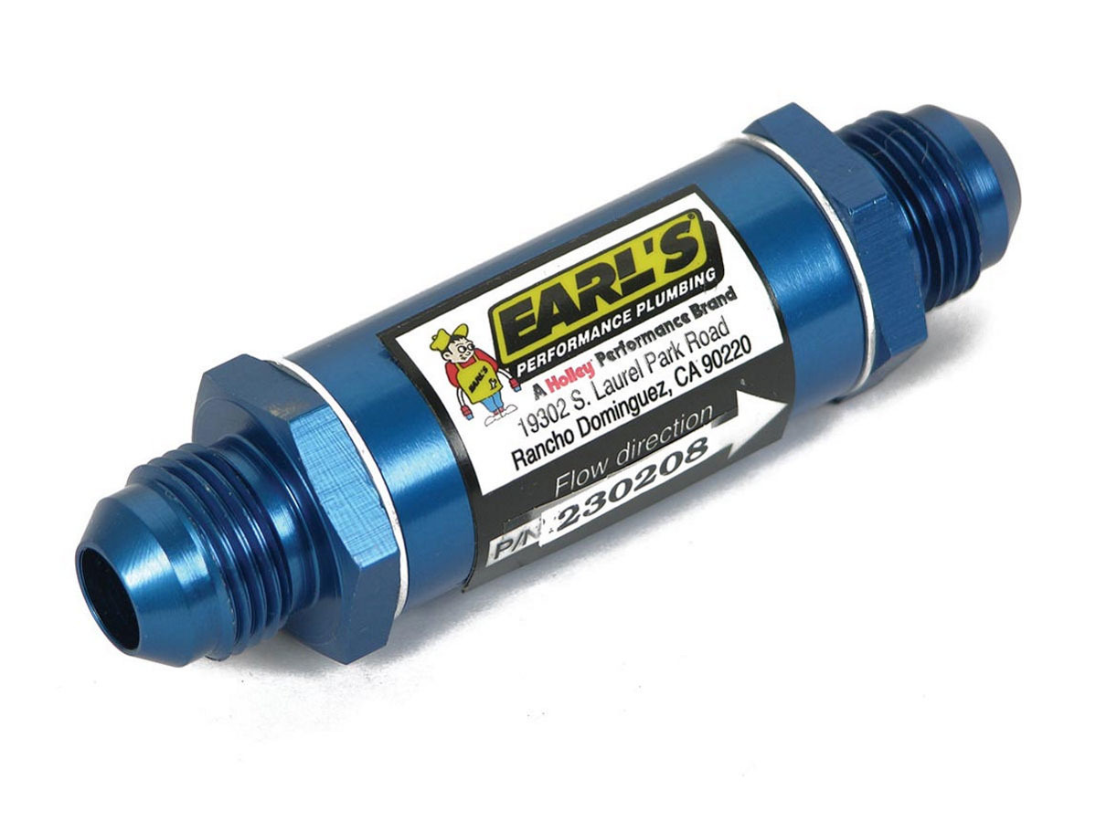Earls 230204ERL Fuel Filter, In-Line, 85 Micron, Stainless Element, 4 AN Male Inlet, 4 AN Male Outlet, Aluminum, Blue Anodized, Each