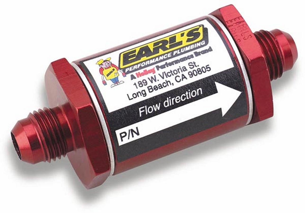 Earls 230210ERL Fuel Filter, In-Line, 85 Micron, Stainless Element, 10 AN Male Inlet, 10 AN Male Outlet, Aluminum, Red Anodized, Each