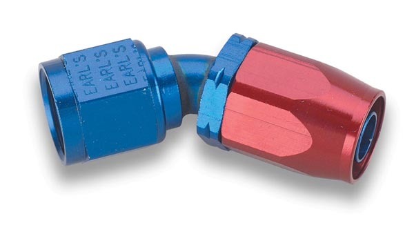 Earls 304606ERL Fitting, Hose End, Auto-Fit, 45 Degree, 6 AN Hose to 6 AN Female, Aluminum, Blue / Red Anodized, Each