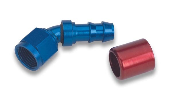 Earls 704667ERL Fitting, Hose End, Super Stock, 45 Degree, 6 AN Hose Crimp to 6 AN Female, Aluminum, Blue / Red Anodized, Each