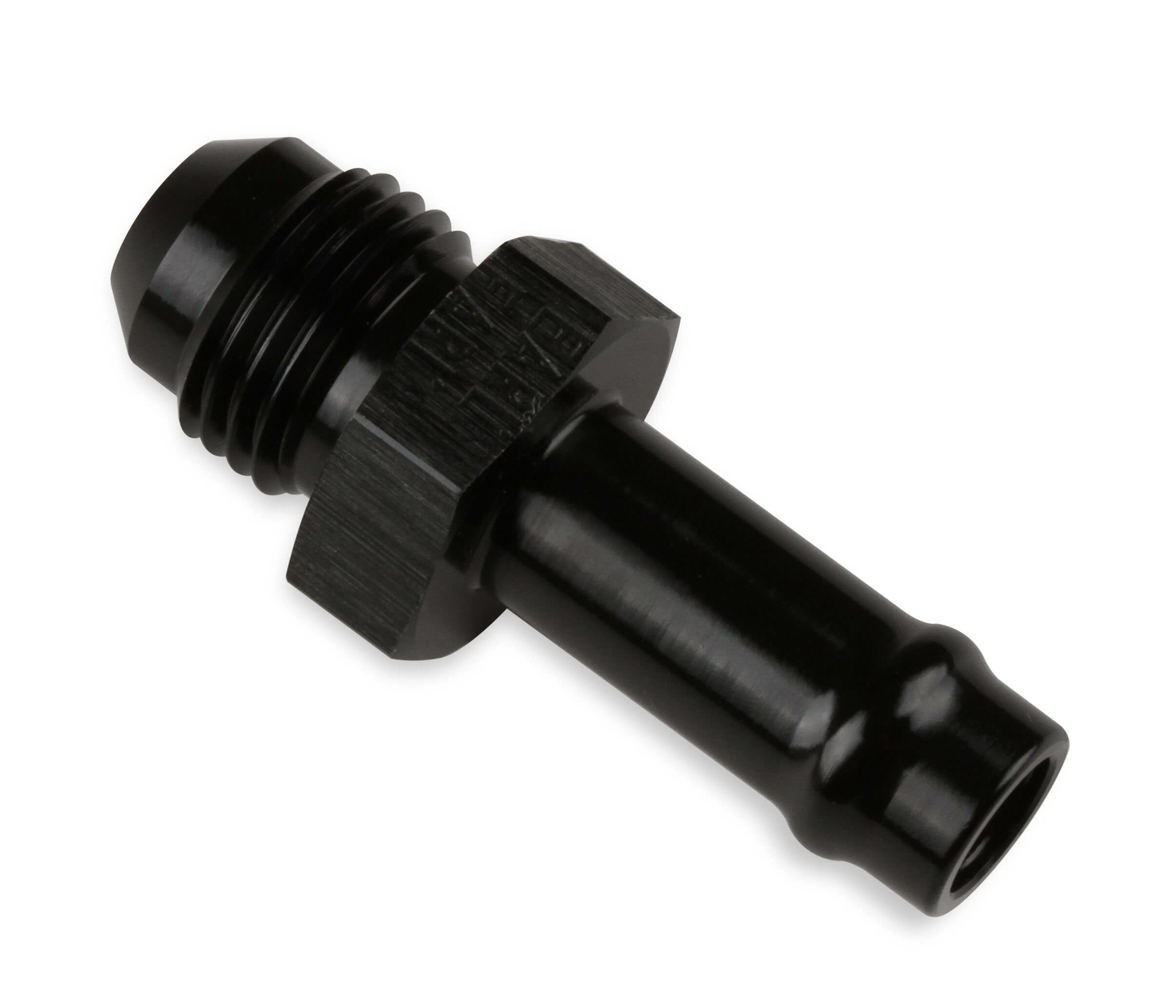 Earls 740166ERL Fitting, Vapor Guard, Adapter, Straight, 6 AN Male to 3/8 in Hose Barb, Aluminum, Black Anodized, Each