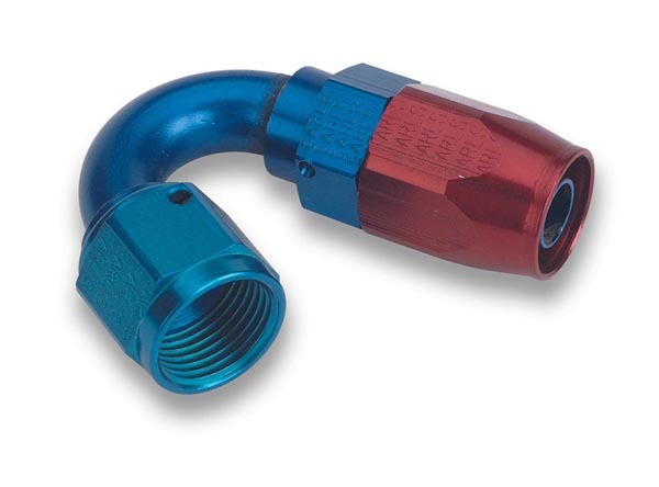 Earls 815006ERL Fitting, Hose End, Swivel-Seal, 150 Degree, 6 AN Hose to 6 AN Female Swivel, Aluminum, Blue / Red Anodized, Each