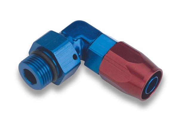 Earls 849010ERL Fitting, Hose End, Swivel-Seal, 90 Degree, 10 AN Hose to 10 AN Male O-Ring, Swivel, Aluminum, Blue / Red Anodized, Each